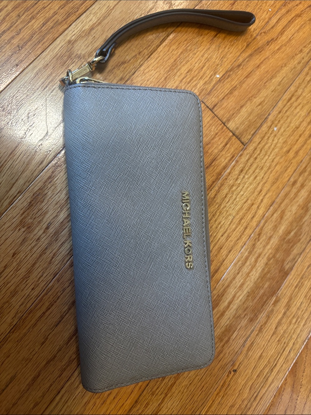 Michael Kors Gray Saffiano Zip-Around Wristlet Wallet with Gold Logo